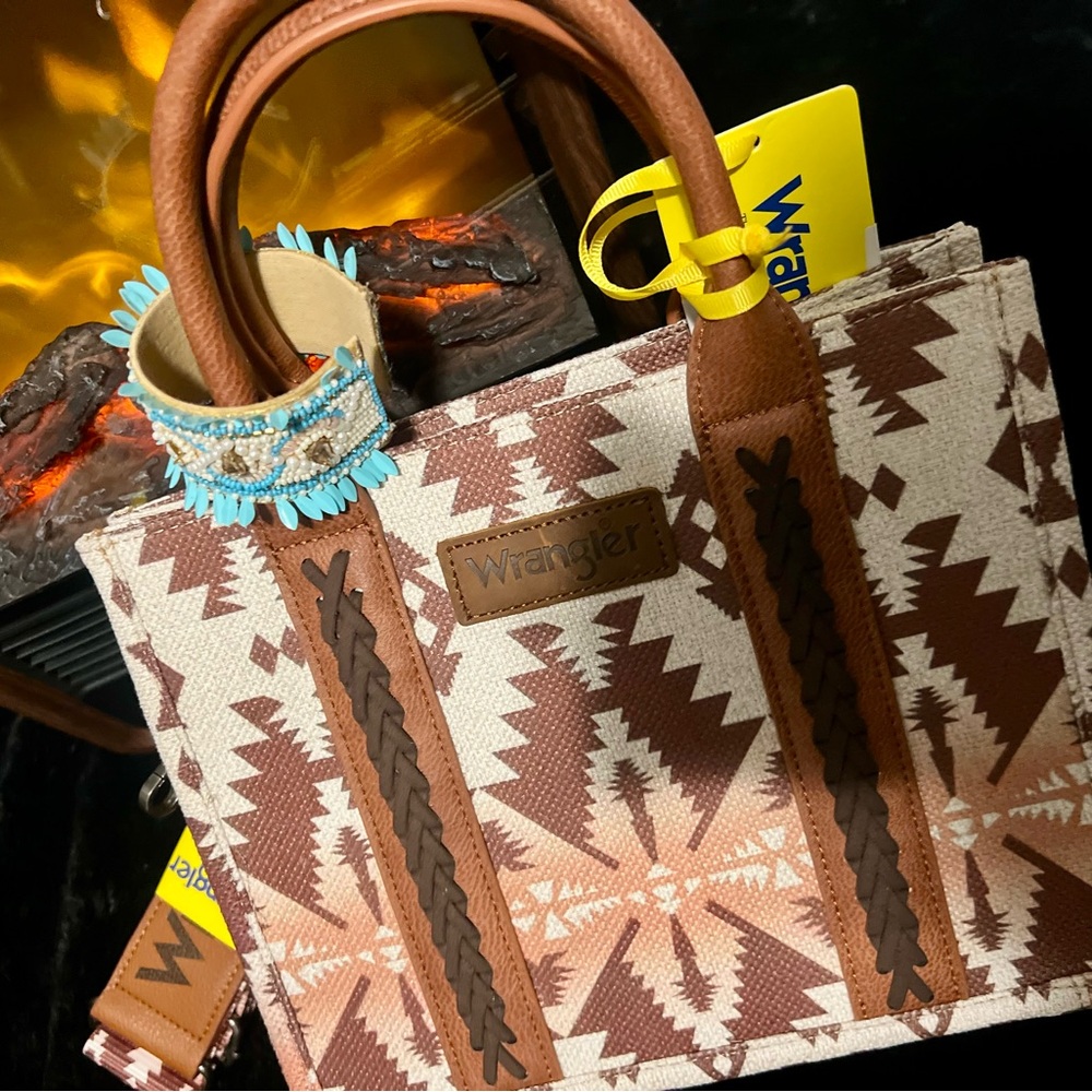 Wrangler Brown and Cream Tote Bag with Geometric Design